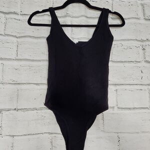 Aura Women's Solid Black Ribbed Strap-Sleeve One-Piece Tank Top Bodysuit XS/S